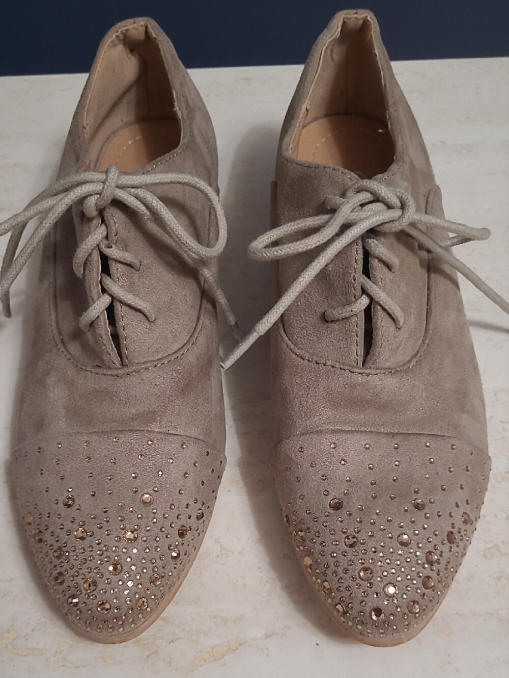 Taupe Faux Suede Lace-Up Rhinestone Cap Toe Oxford Flats - Size 37 (US 6.5 - 7)
